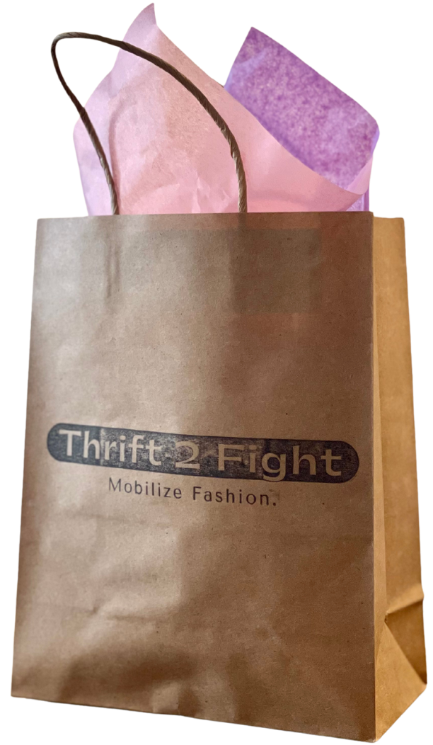 Paper bag stamped with Thrift 2 Fight logo